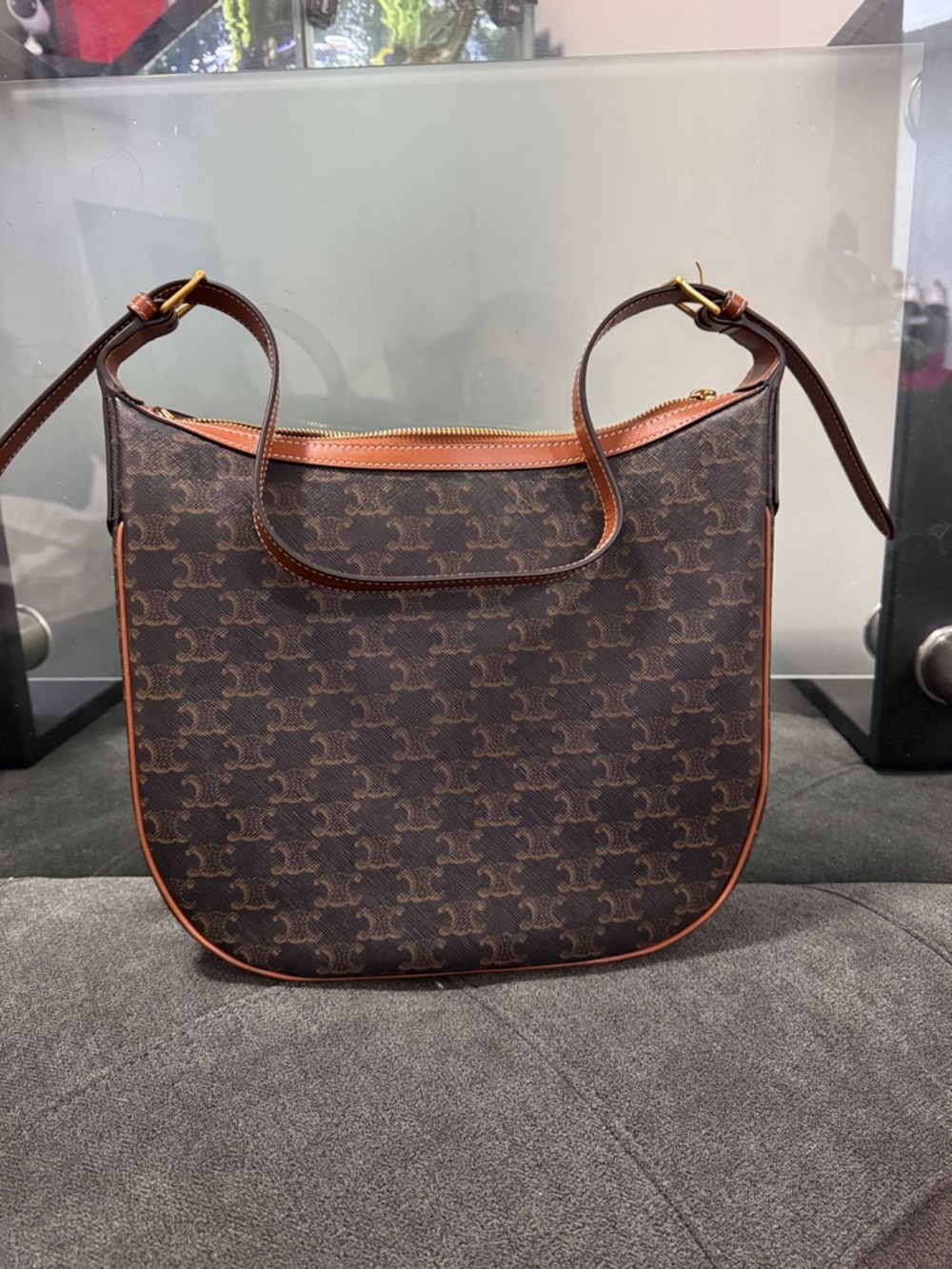 Brown Monogram Crossbody Bag with Leather Trim